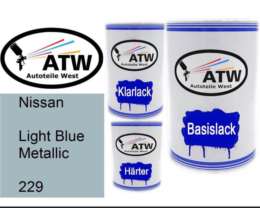 Nissan, Light Blue Metallic, 229: 500ml Lackdose + 500ml Klarlack + 250ml Härter - Set, von ATW Autoteile West.